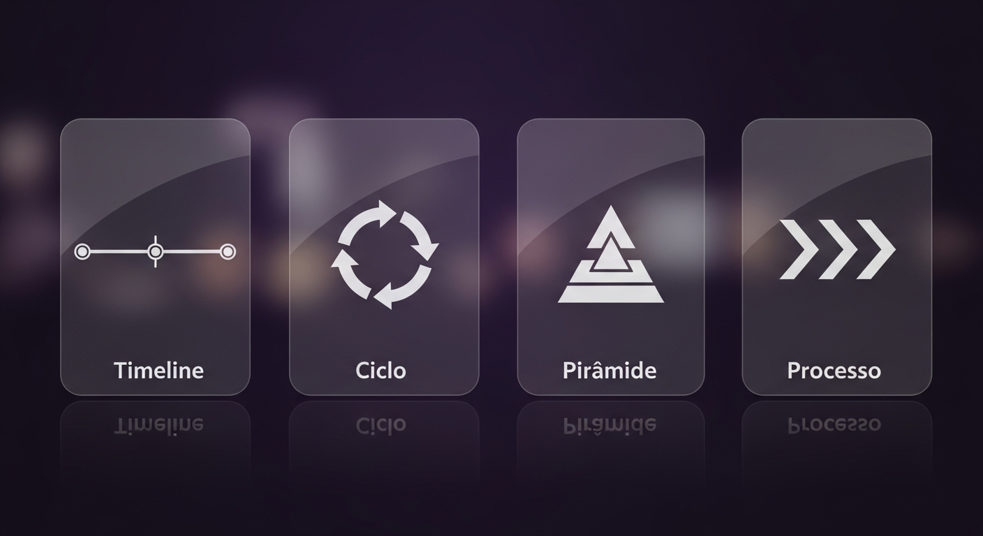 5 tipos de infográficos: Timeline, Ciclo, Pirâmide, Comparação, Processo